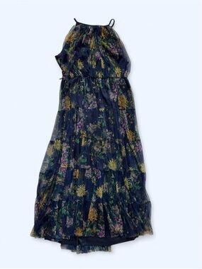 Lovely Grace Floral Tiered Maxi Dress Blue Size 3X Sleeveless Mesh Overlay Boho